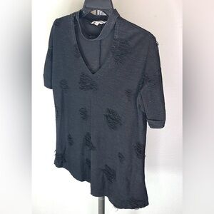 Wonderland by Orange Distressed Black T Shirt Top with Collar Small very unique